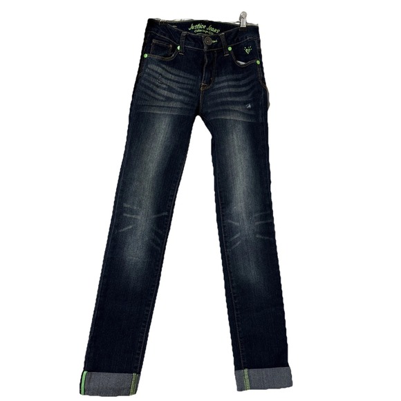 Justice Neon Green Accent Embroidered Distressed Skinny Jeans Girls Size 12S - Picture 1 of 8